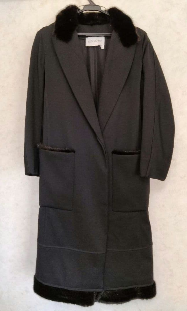 イヴサンローラン ロングコート ブラック F36 ファー襟 ウール