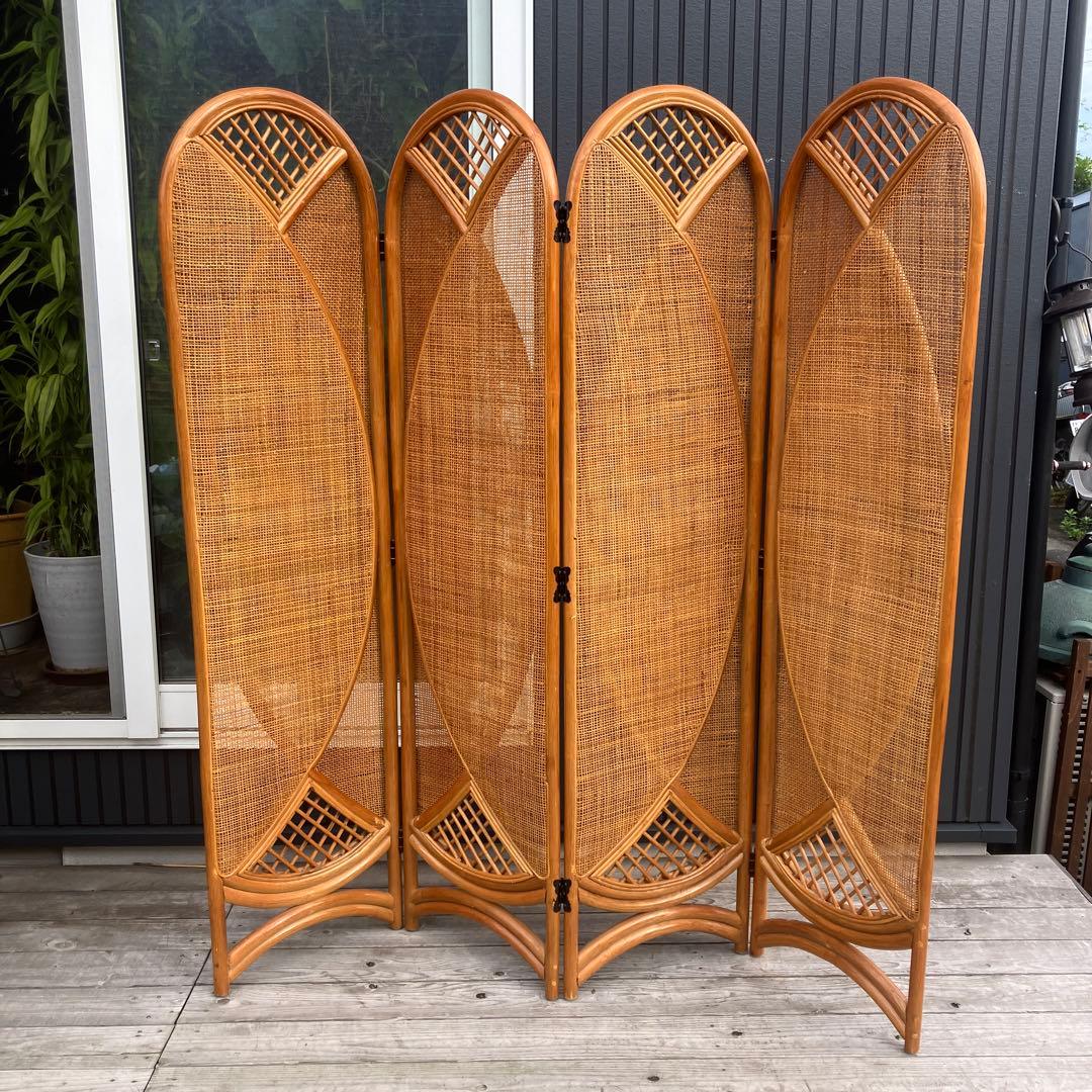 ラタンパーティションエスニック 4連 間仕切り 衝立 籐家具