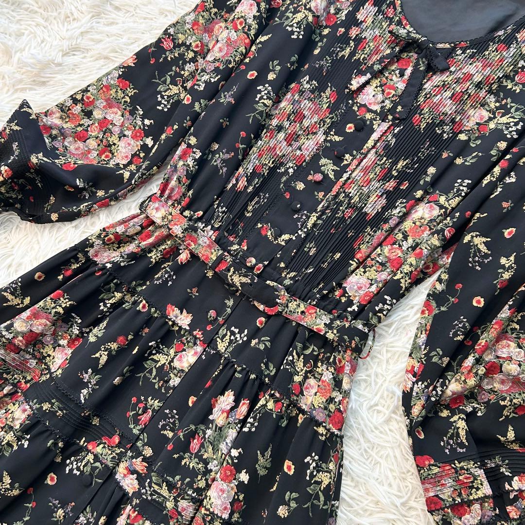 ✨美品✨ カネコイサオ ワンピース マキシ丈 ピコフリル リボン 花柄