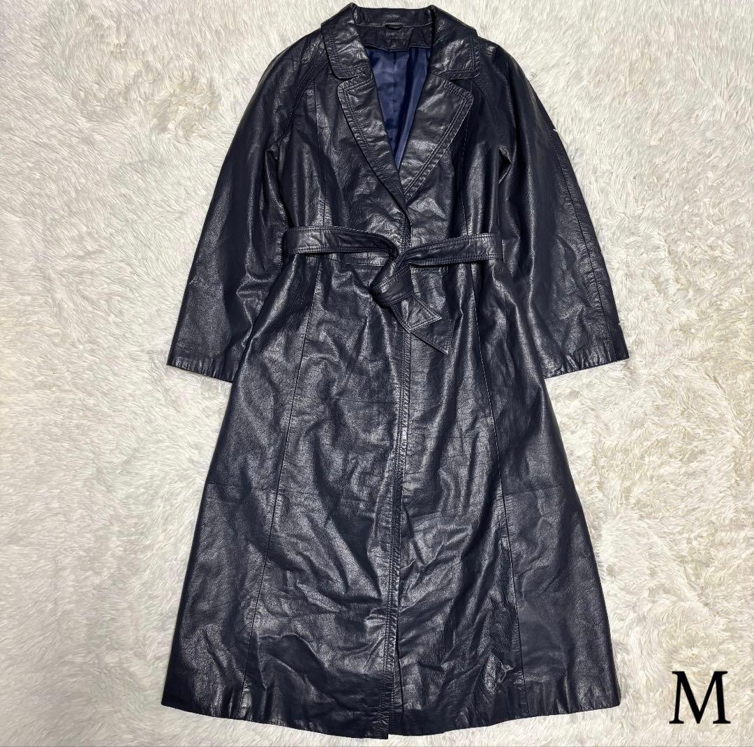 vintage】牛革 本革 マキシ丈カウレザーガウンコート 日本製 藍色 M