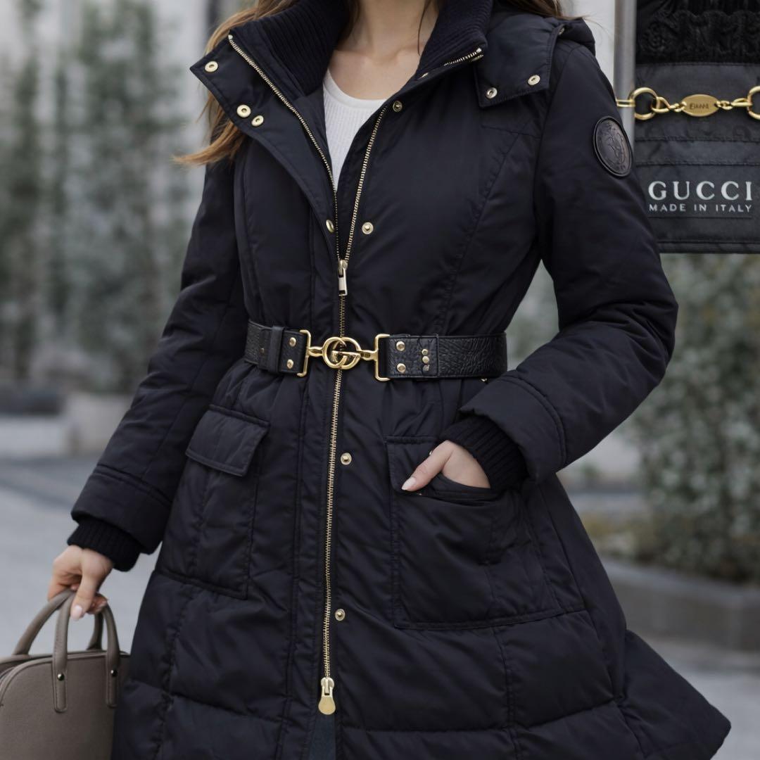 美品 GUCCI ロング ダウンコート 36 GG裏地 ゴールド金具 ベルト付