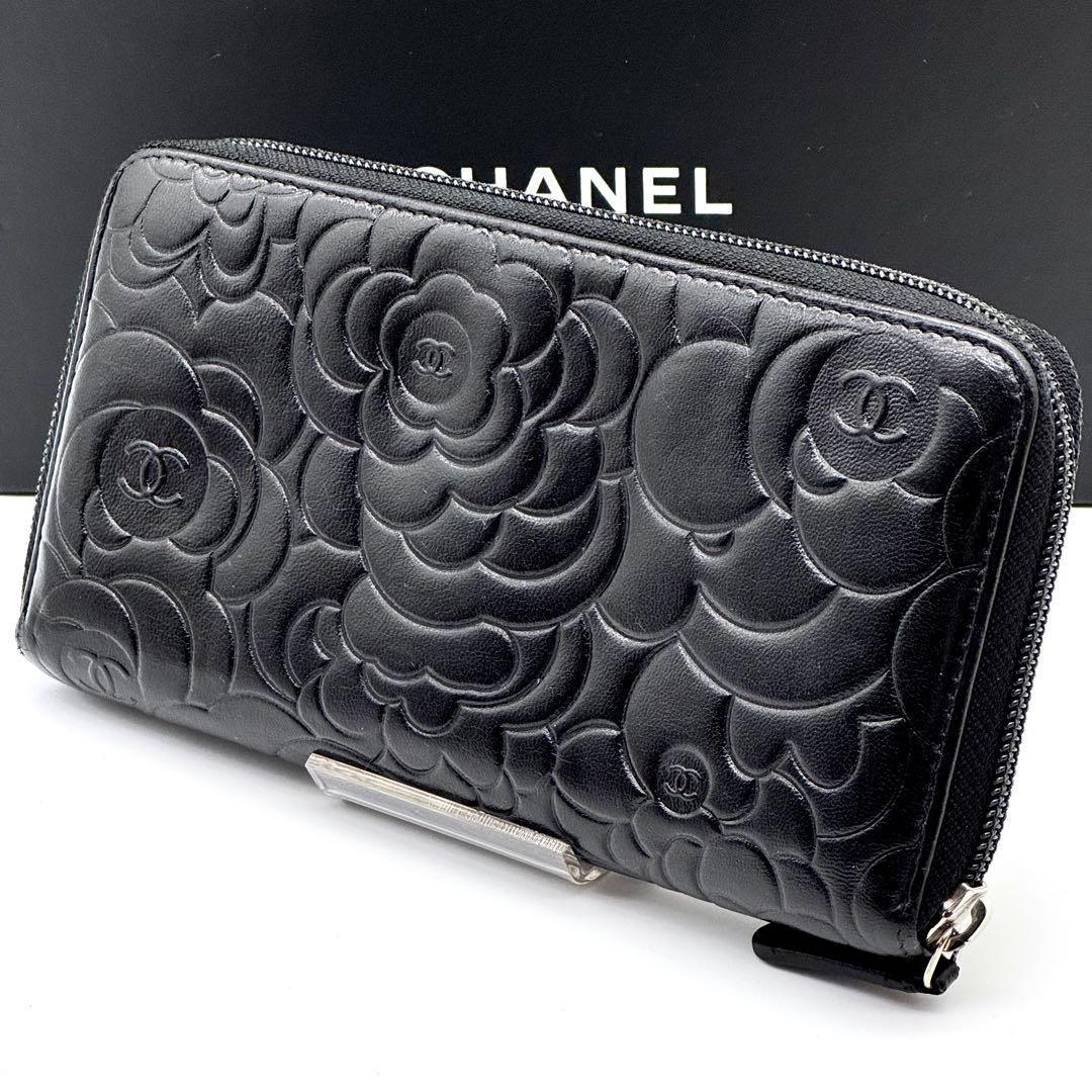 超美品】CHANEL シャネル カメリア ラウンドファスナー 長財布 黒