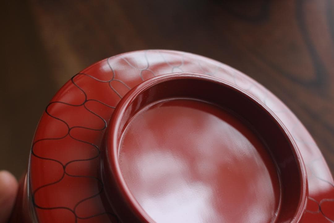 デッドストック！上質朱漆に風情ある網目文の映える筒形大椀2点（検京