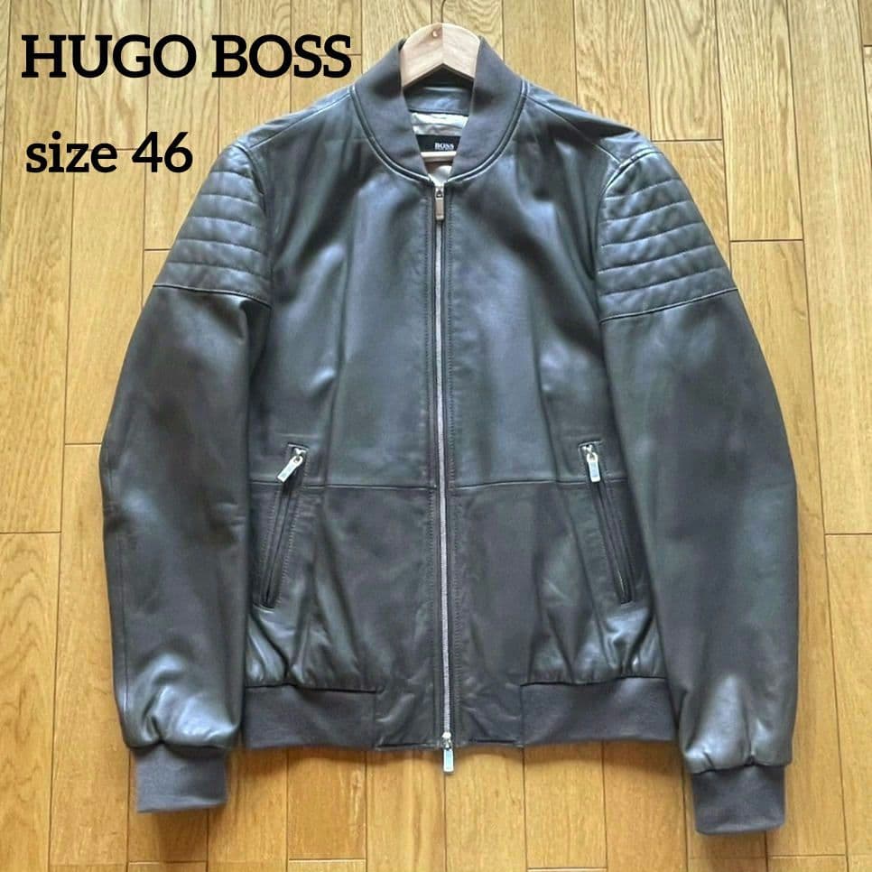 ヒューゴボス ラムレザー ライダースジャケット グレー バイカー 羊革