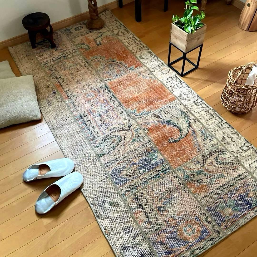 91×191優しいオレンジカラー　パッチワーク　トルコヴィンテージラグ 91×191優しいオレンジカラー パッチワーク トルコヴィンテージラグ 91