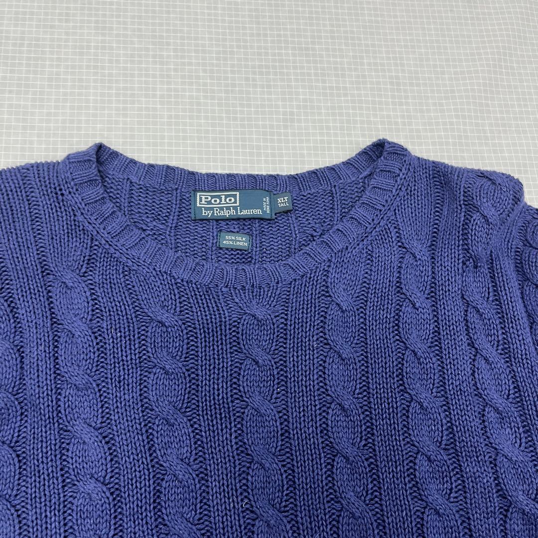 極上シルクリネン】ポロラルフローレン ケーブルニット 紫紺 XLT 身幅76