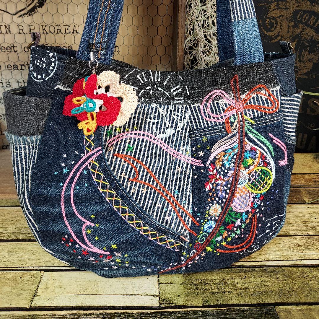 【MINMI】刺繍デニムバック　No.672　ショルダーベルト MINMI】刺繍デニムバック No.672 ショルダーベルト MINMI】刺繍デニム