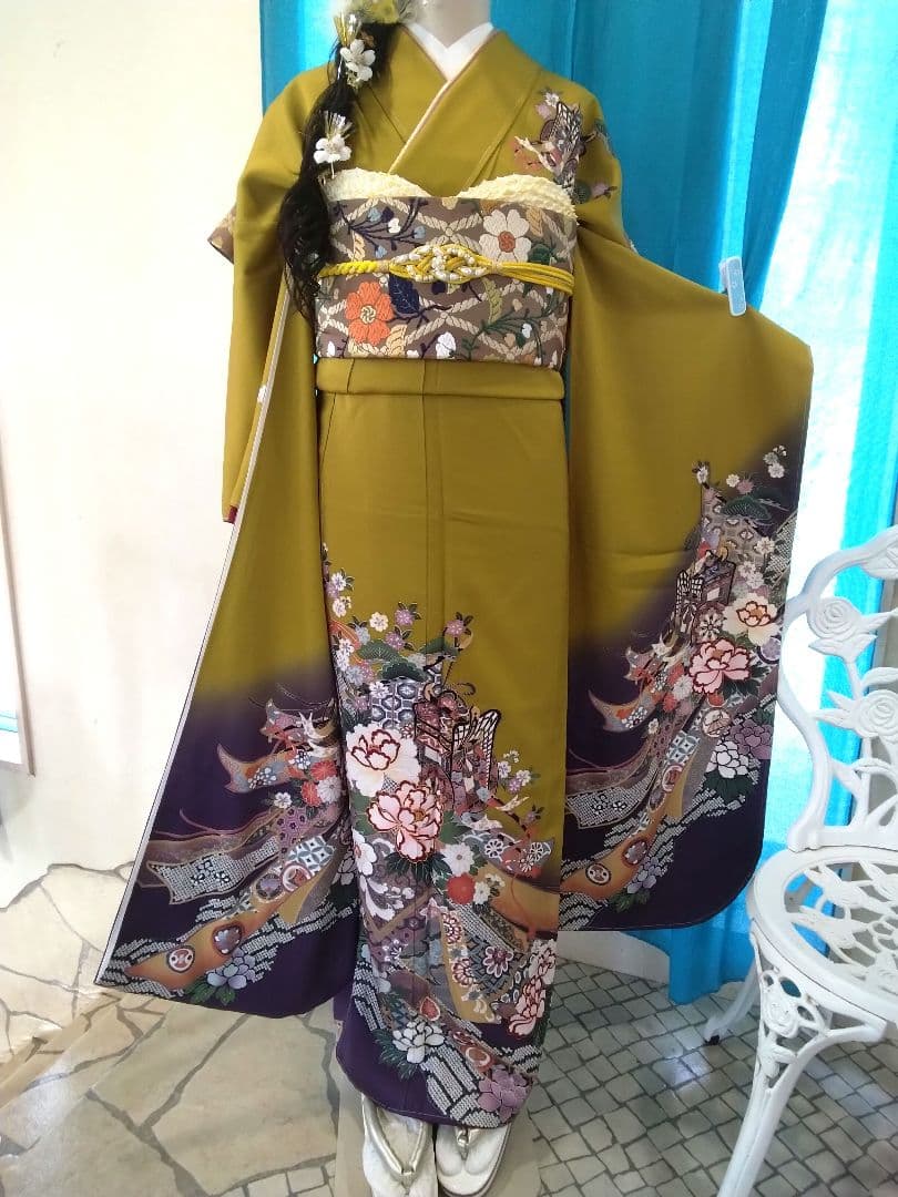 振袖フルセット、正絹成人式、新品未使用、重ね衿帯揚げ帯締め、帯
