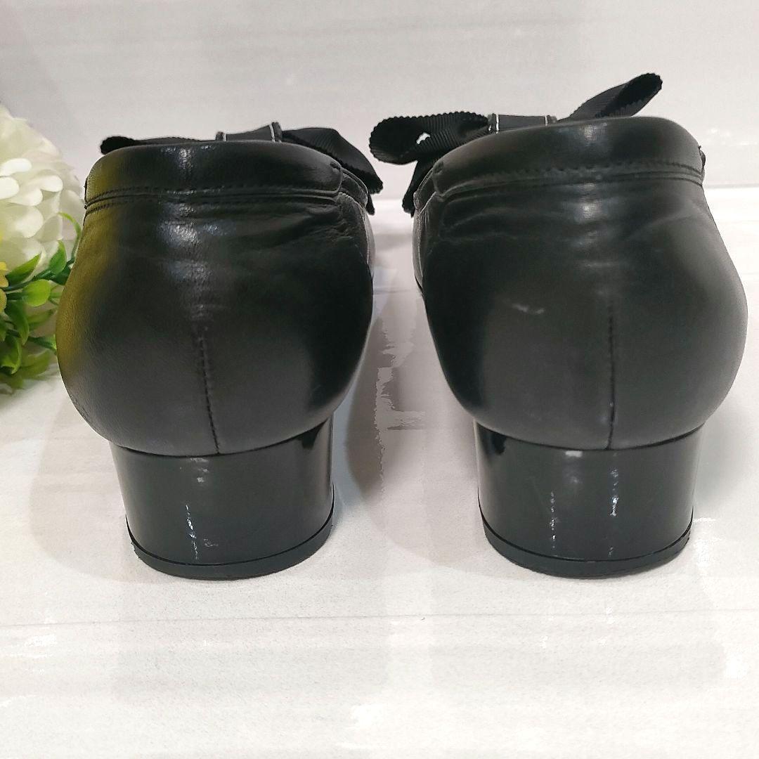 未使用級 ミハマ 本革 撥水加工 レザーシューズ パンプス リボン 黒