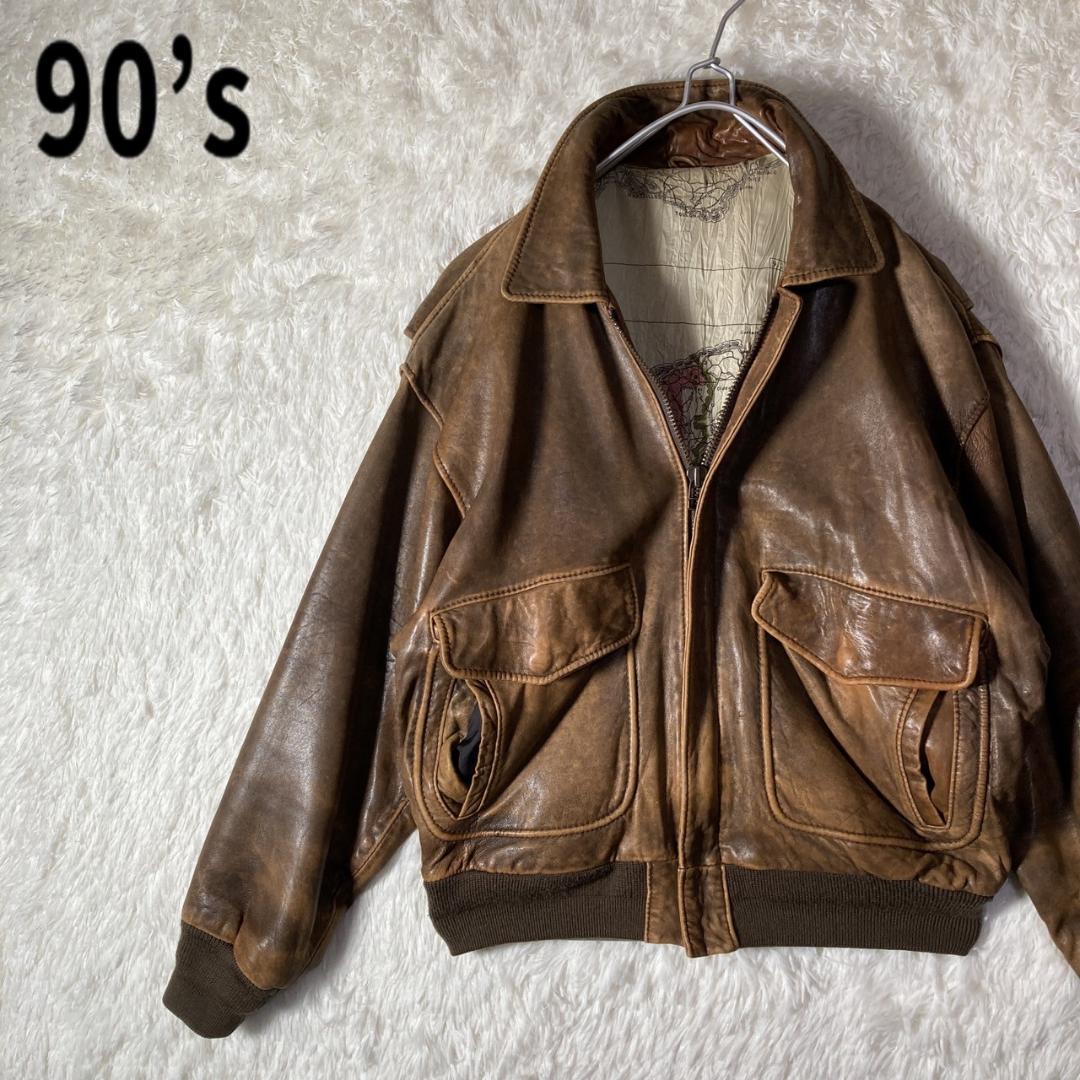 90s レザージャケット A-2 フライトジャケット 裏地 地図 総柄 L~XL