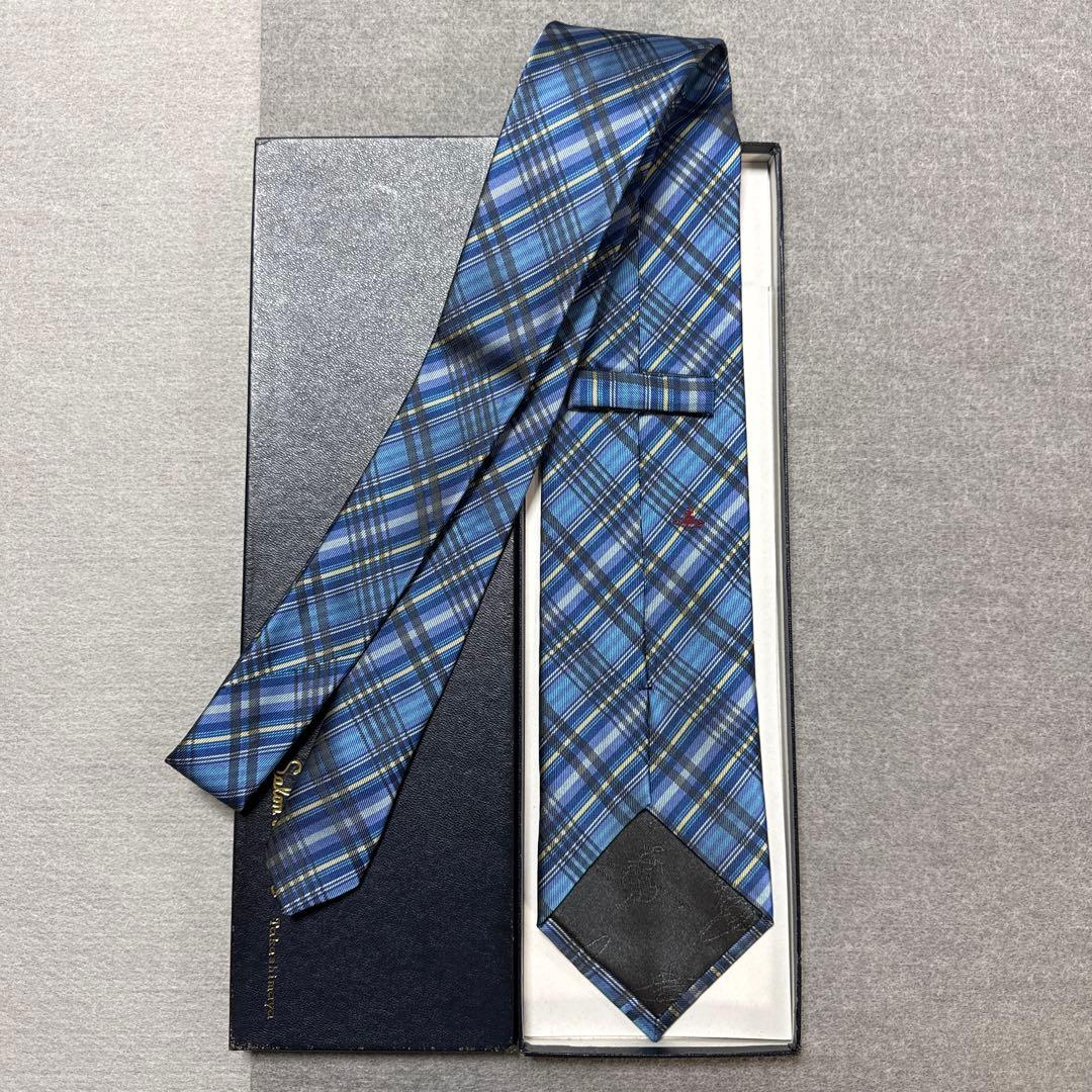 美品 ヴィヴィアンウエストウッド ネクタイ 青紺 オーブ柄 チェック