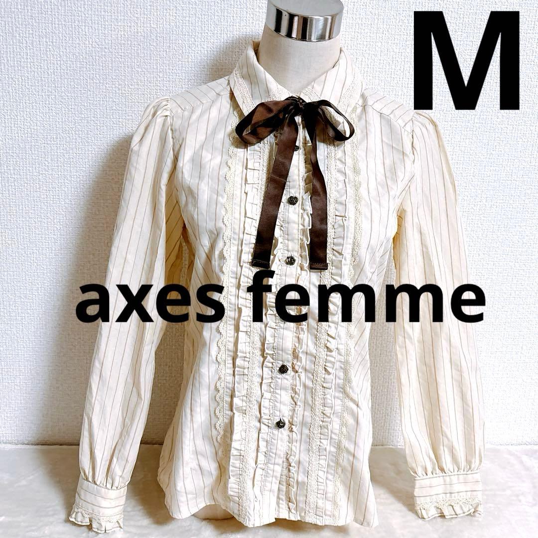 axes femme リボン付き長袖ブラウス ストライプ フリル レース M