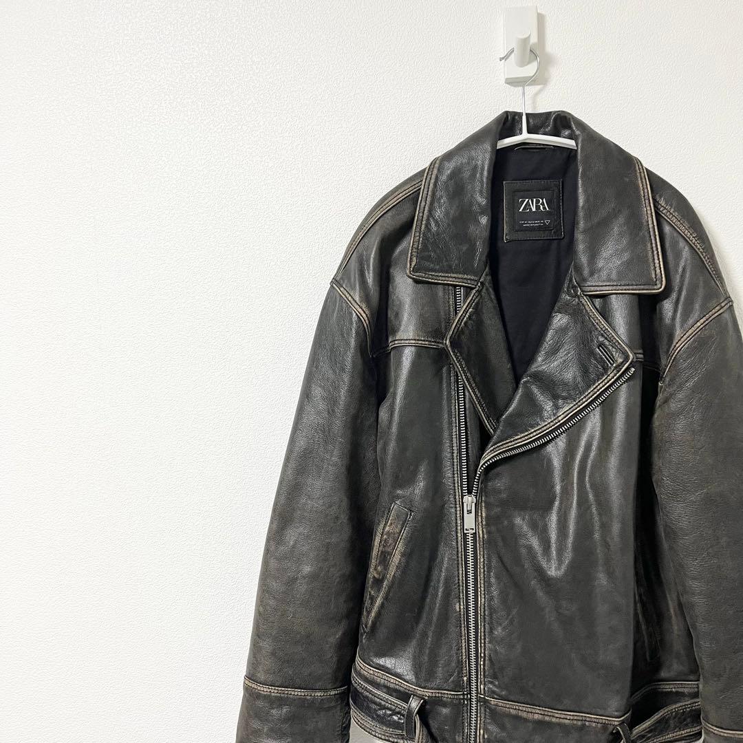ZARA】ヴィンテージ加工 本革 ダブル レザージャケット - メルカリ