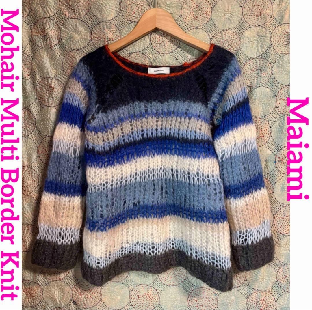 Maiami マイアミ】マルチボーダー モヘア ニット セーター 柄 青白