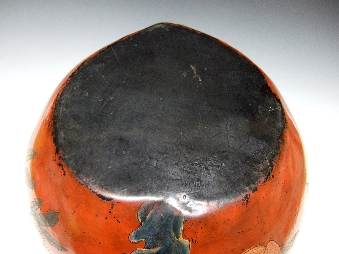 中国美術 唐物 古漆器 木胎紅漆線彫 仙桃紋 桃型