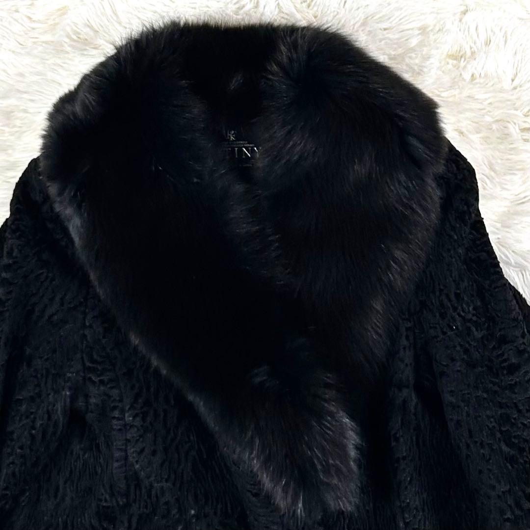 美品 アストラカン カラクールラム フォックスファー ロングコート 黒