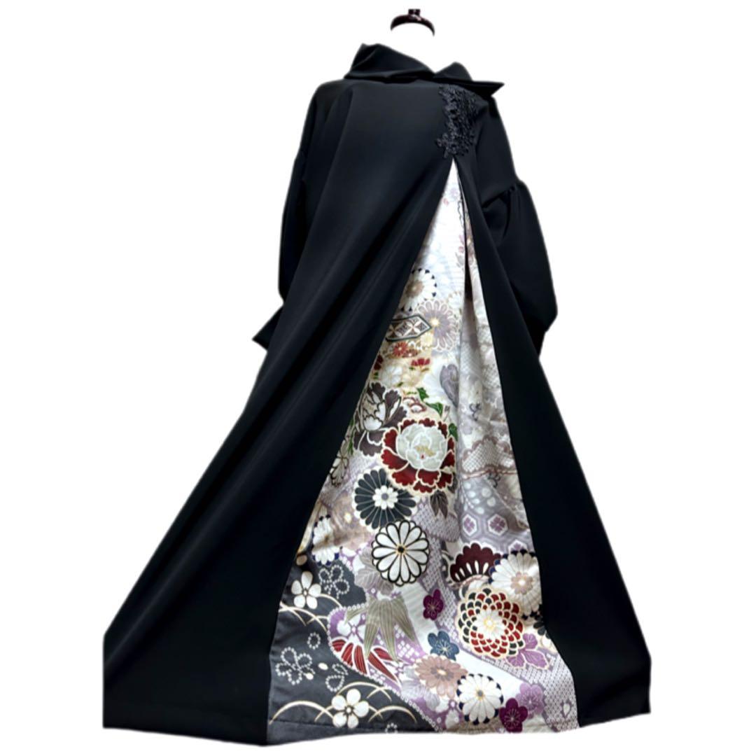 振袖 着物リメイク ドレス 黒×松竹梅 和柄 ワンピース ハンドメイド