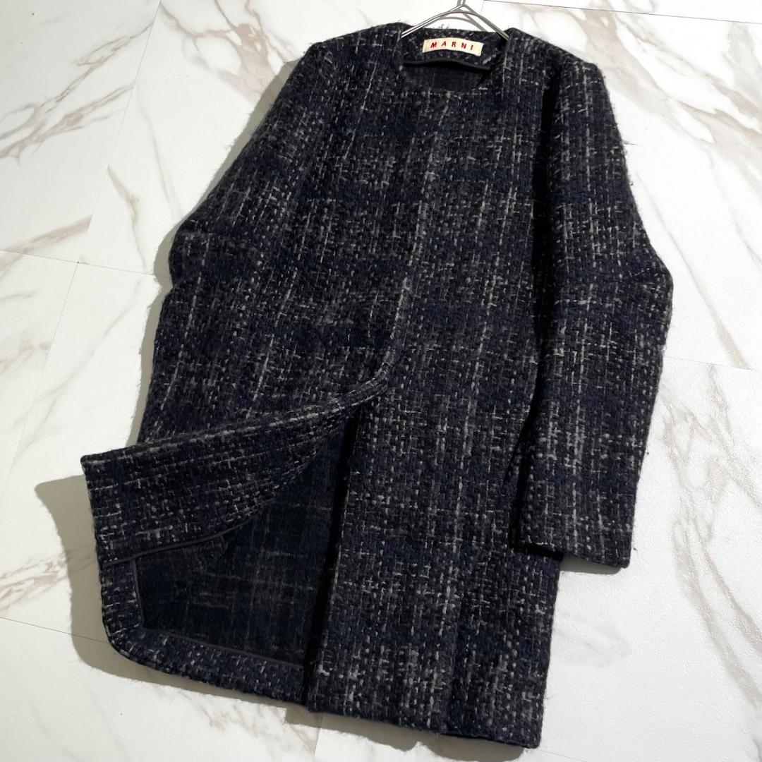 人気✨マルニ ツイードコート ノーカラー ロングジャケット - メルカリ