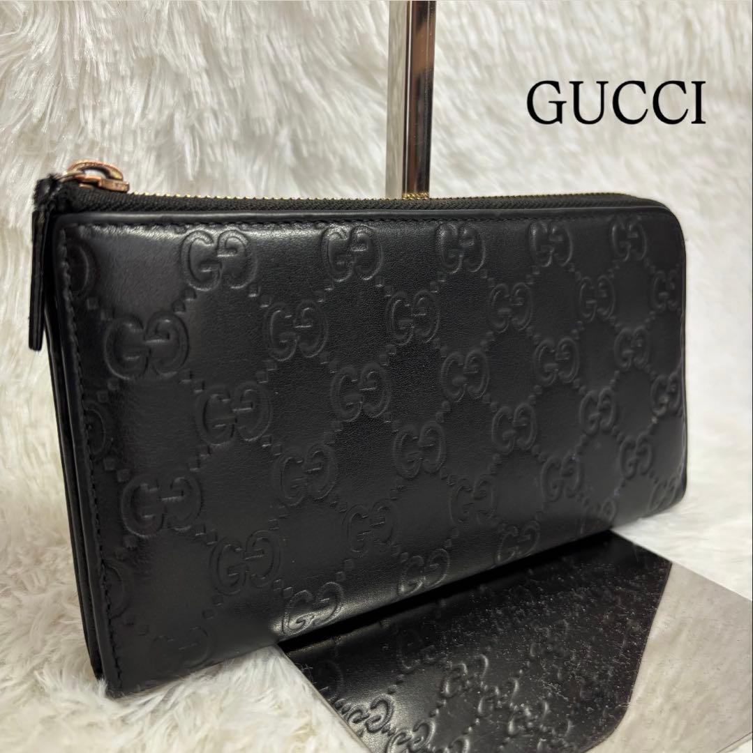 ✨高級✨ グッチ 長財布 L字ジップ シマ レザー ブラック GG柄 黒