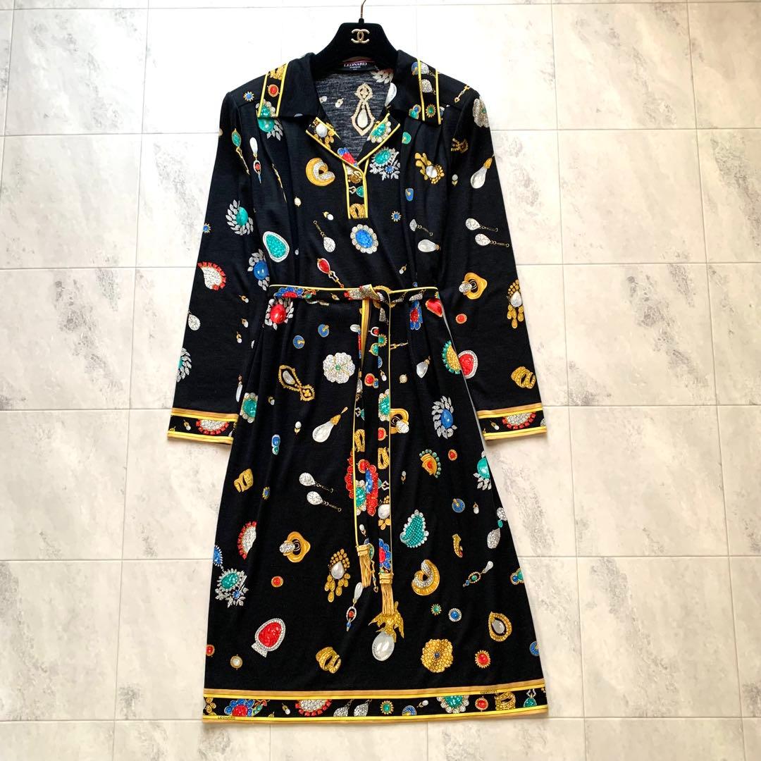 レオナール ベルト 膝丈ワンピース 宝石 ウールシルク 襟 トリム 金