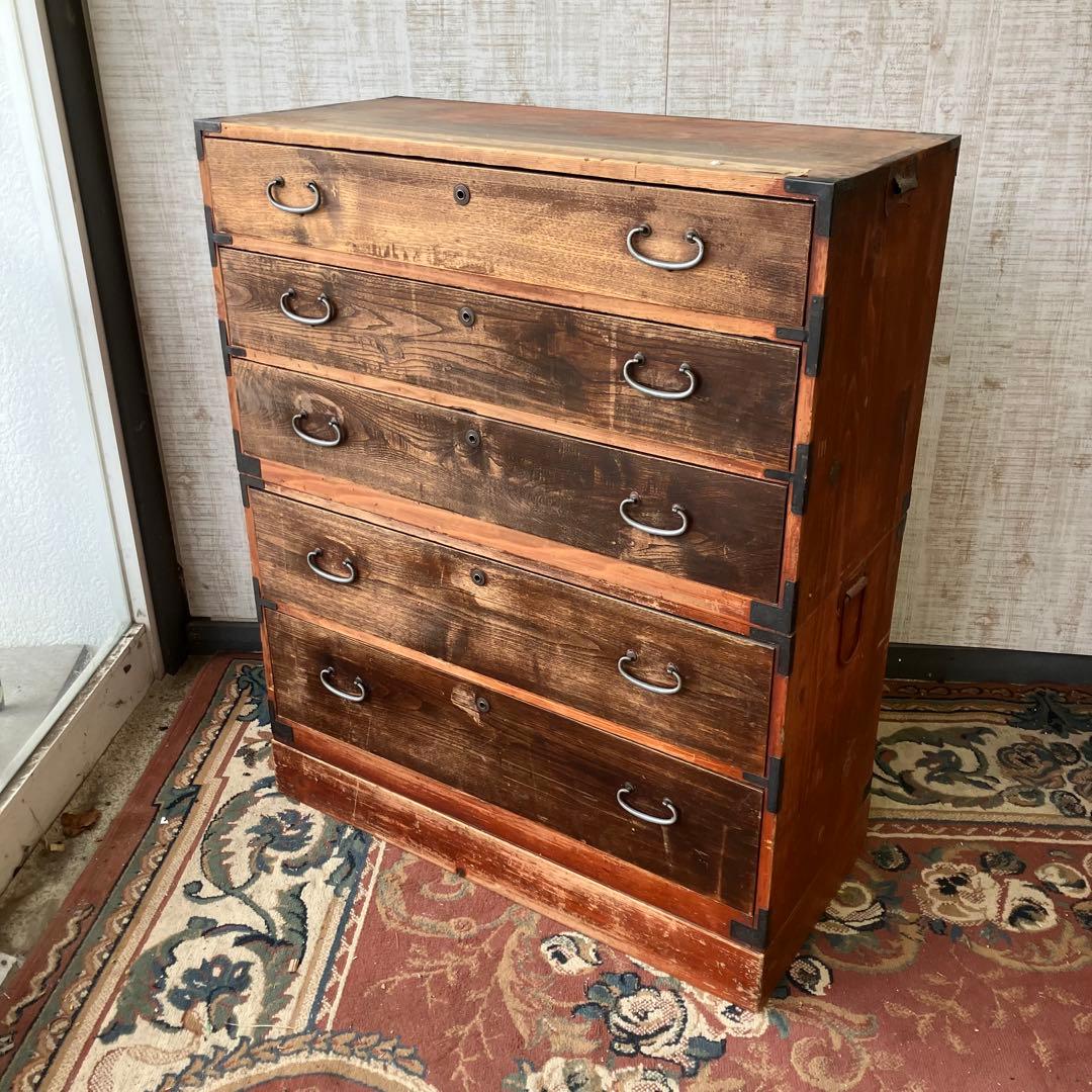 昭和レトロ 古家具 木製箪笥 5段 引き出し箪笥 シャビーな風合い