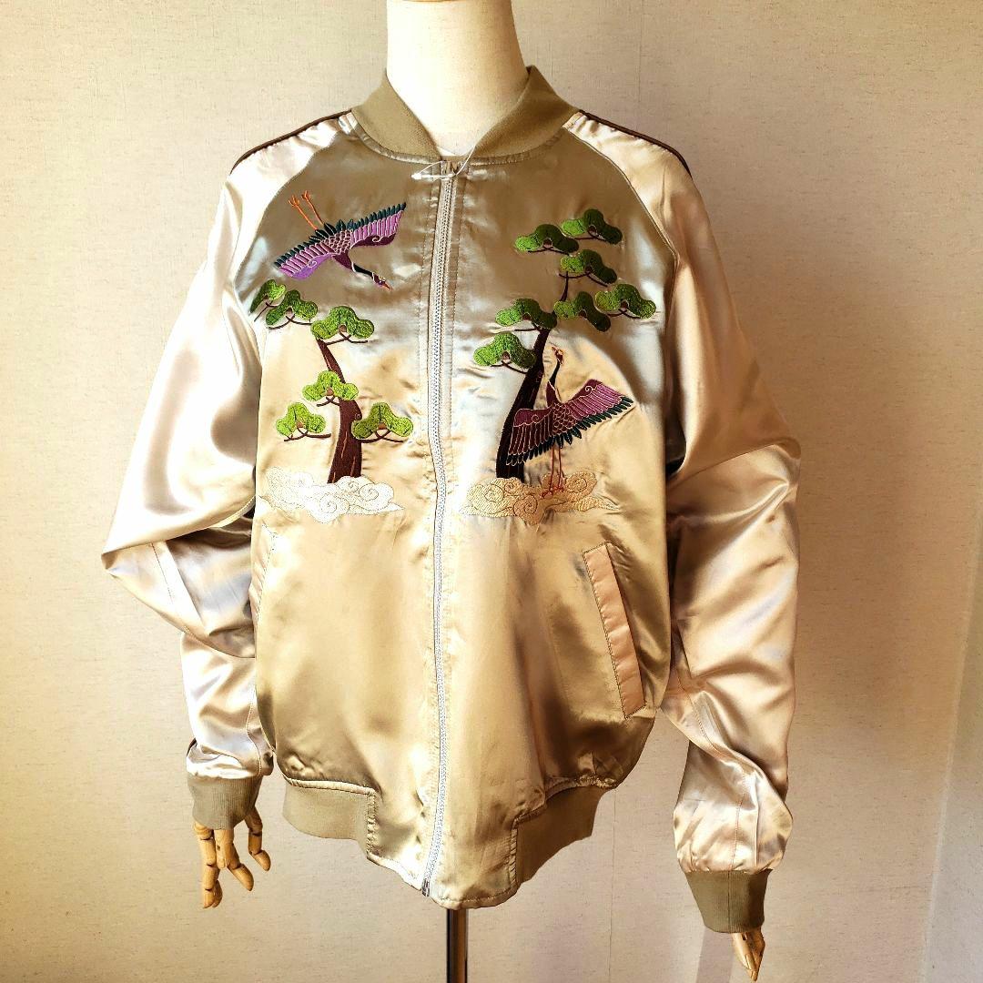 ☆未着用☆ マッシュマニア スカジャン ゴールド サテン 鶴 松 刺繍