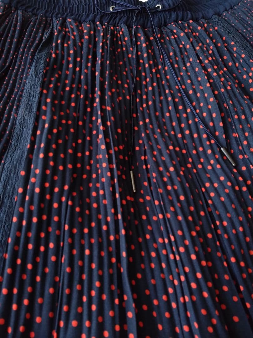 ANAYI アナイ✺ドット プリント プリーツスカート レース ネイビー 36