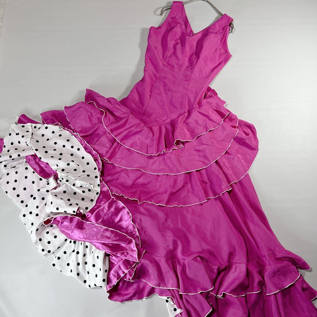 美品 オーダーメイド ピンク フリル付き社交ダンスロングドレス 本番