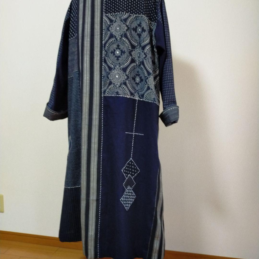 古布リメイク 筒描き、型染、縞木綿久留米絣からロングコート お値下げ