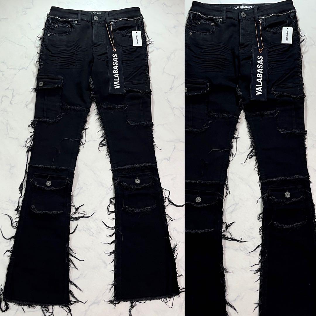 VALABASAS バラバサス クラッシュスキニーフレアブラックデニム 新品29