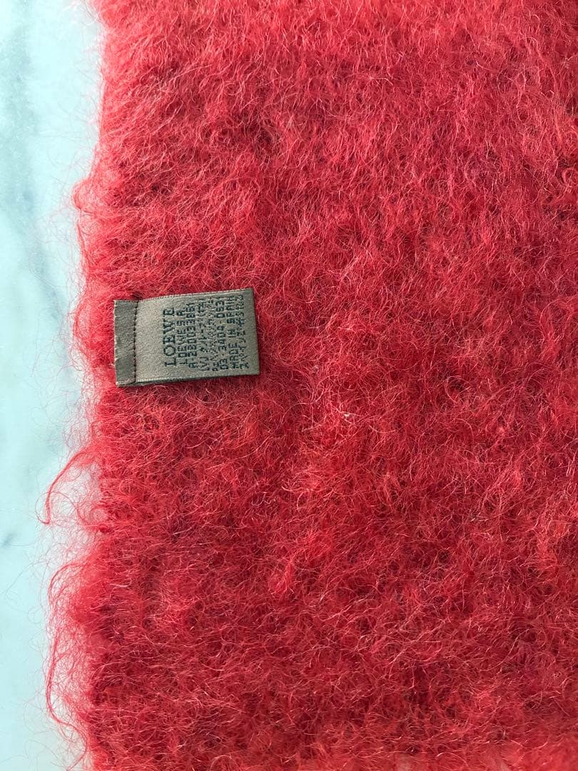 LOEWE アナグラム刺繍 モヘヤ フリンジマフラー 朱色