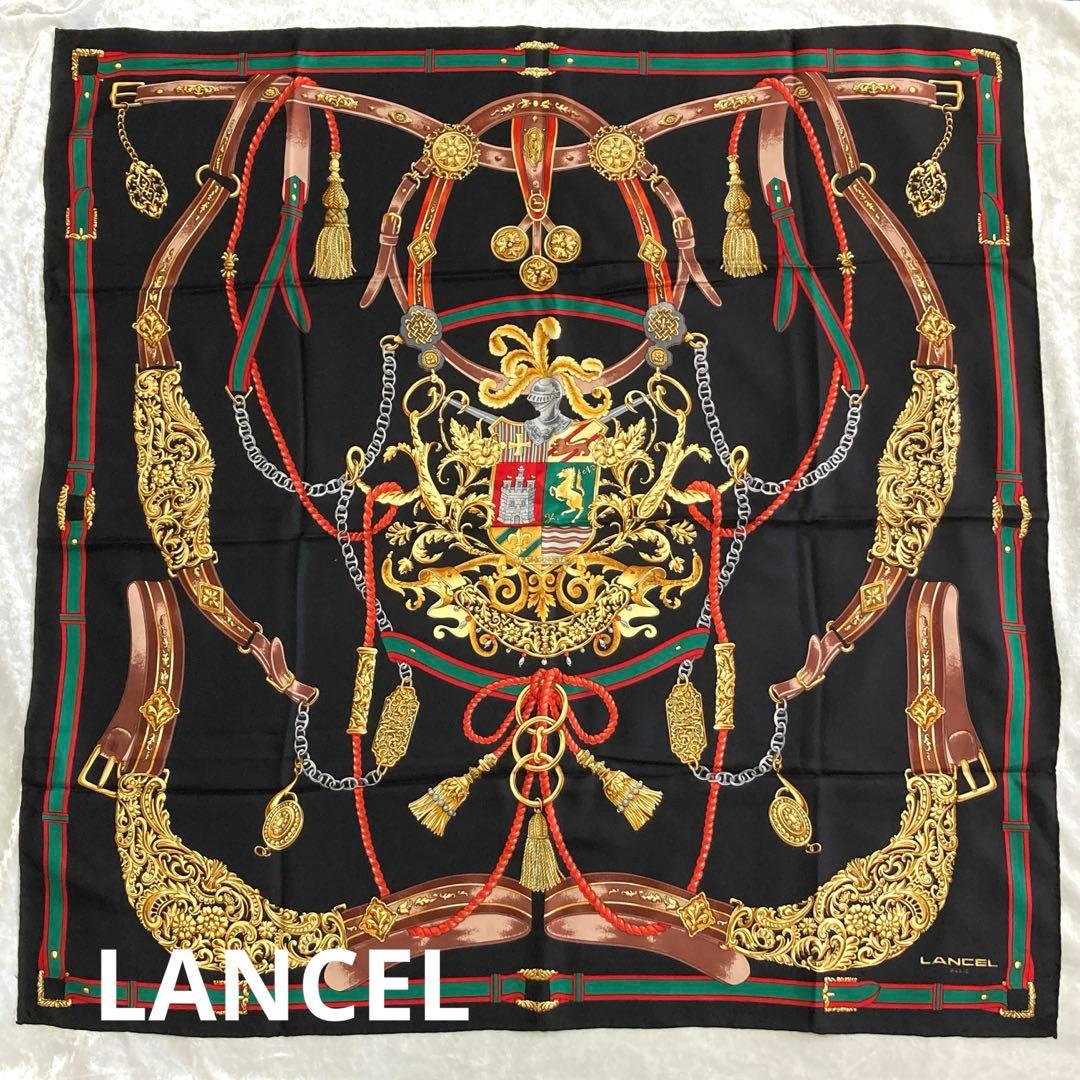 LANCEL ランセル 大判スカーフ 黒 シルク - メルカリ