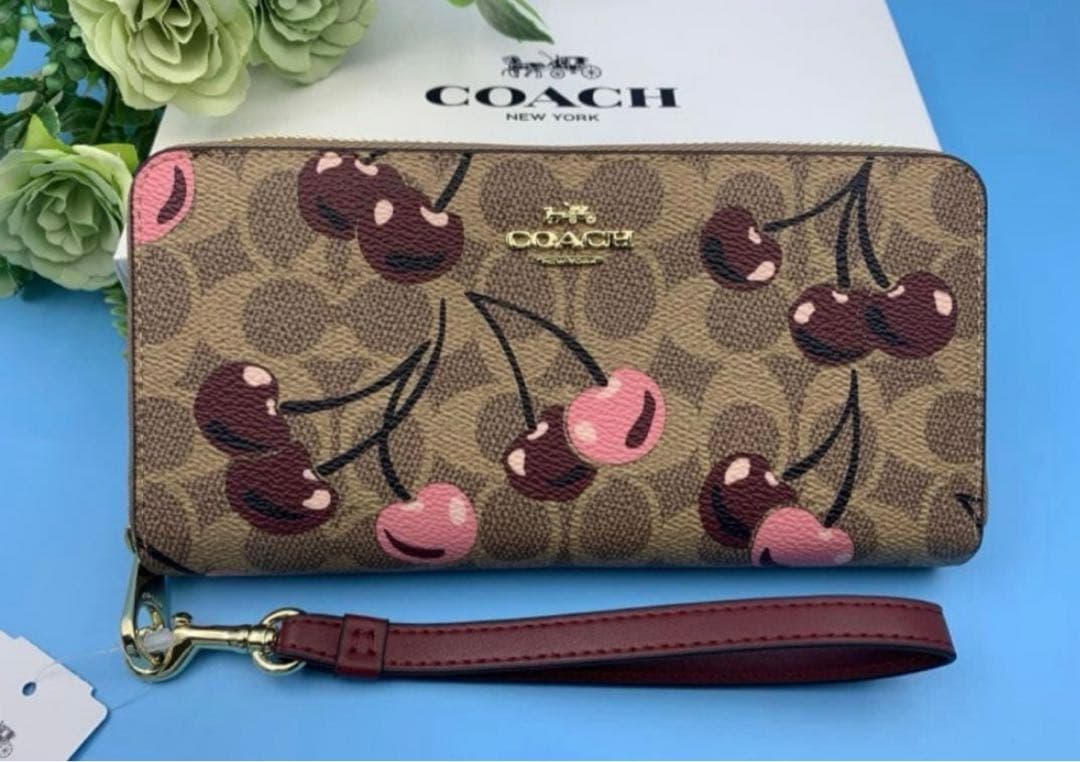 新品未使用コーチ長財布チェリーさくらんぼ柄ブラウンレディースメンズ