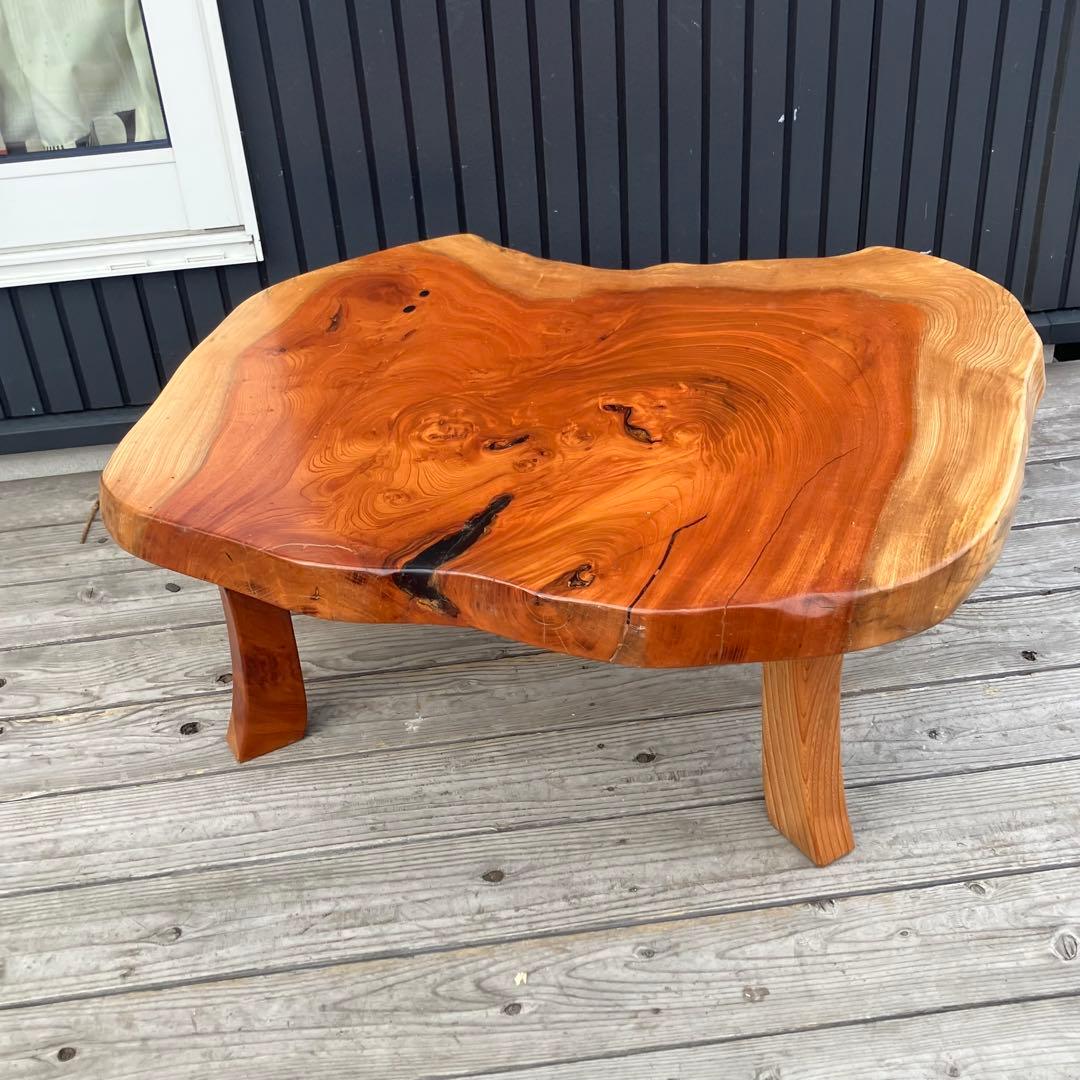 昭和レトロ 深谷木工 木製 天然木 欅材 一枚板 脚付き 座卓 センター