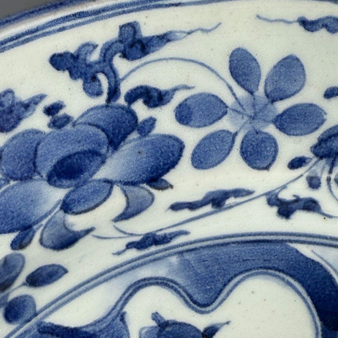 古伊万里　藍九谷様式　染付水鳥花図尺皿　31.5cm　裏唐草文　江戸中期　蒐集家