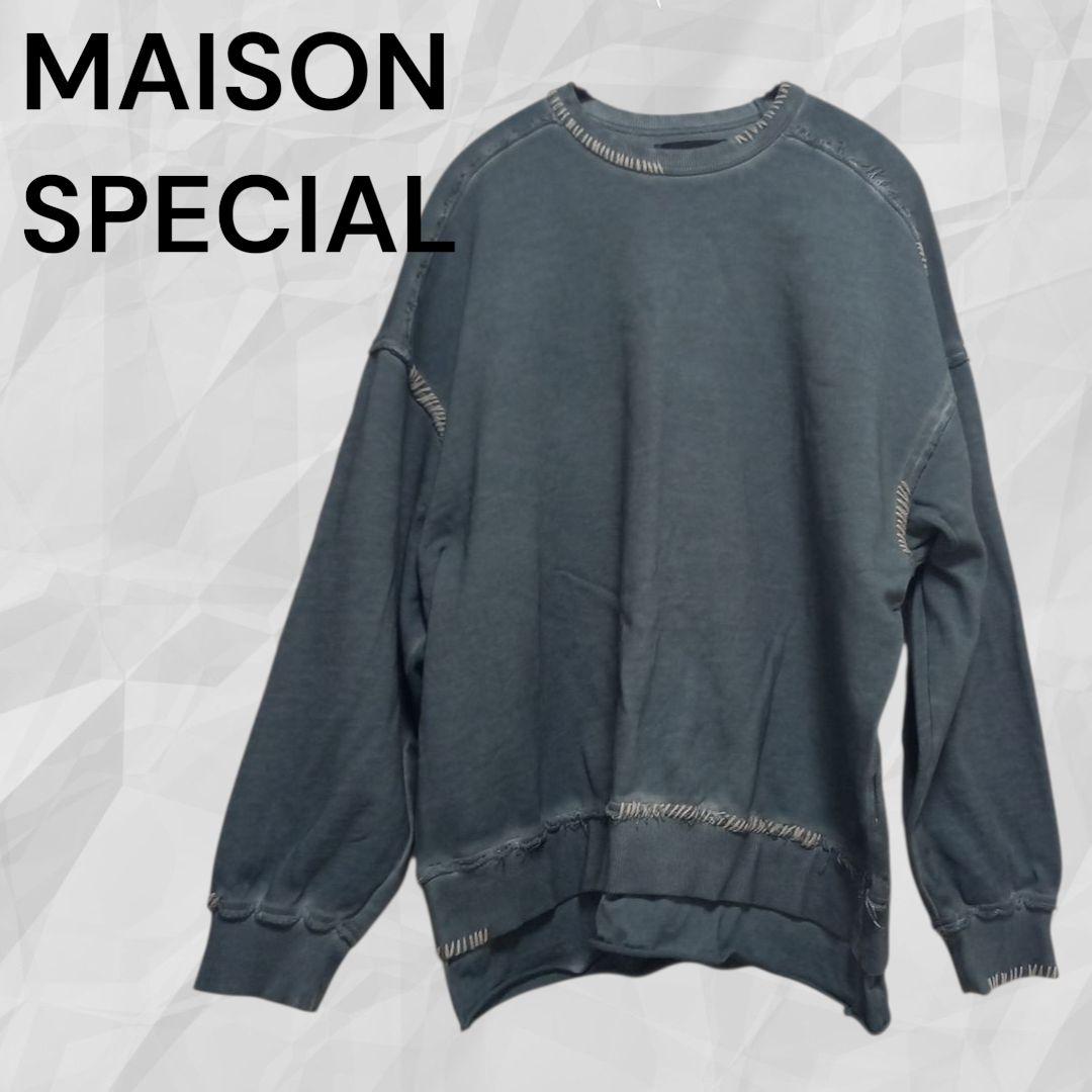 MAISON SPECIAL ブルー スウェット00 人気TAKATO着用 DENIM DELIGHT DAYS】ダメージリメイククルーネックスウェット