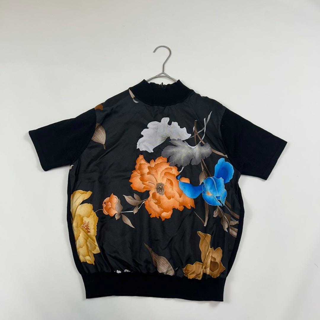 P232 美品 L レオナール シルク混 花柄 カットソー ブラック