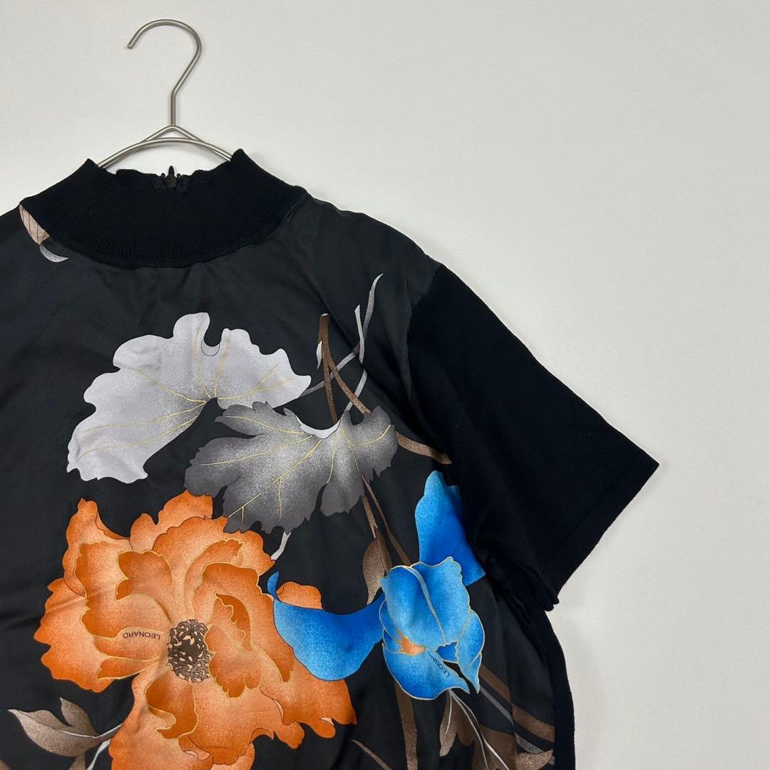 P232 美品 L レオナール シルク混 花柄 カットソー ブラック