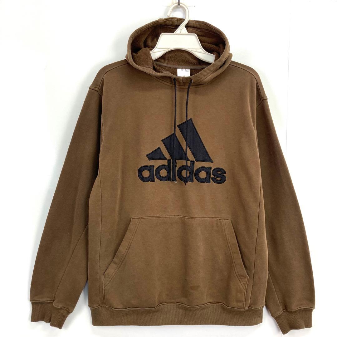 アディダスadidasパーカーフーディデカロゴワッペン茶色ブラウン