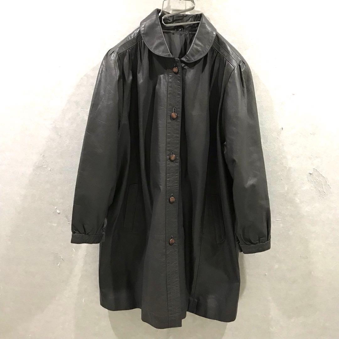 90s 本革 牛革 デザイン 丸襟 レザーコート ヴィンテージ フリー