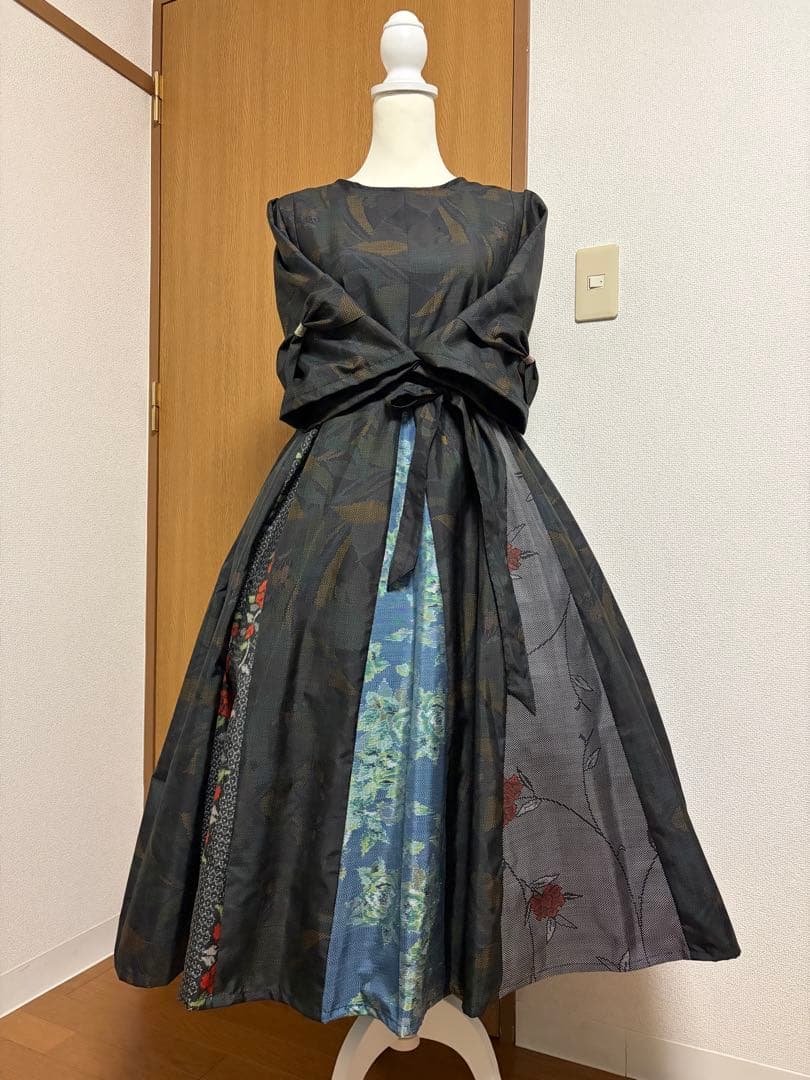 着物リメイク♪ 大島紬 パッチワンピース MーL 裏地付き♪ リボン袖