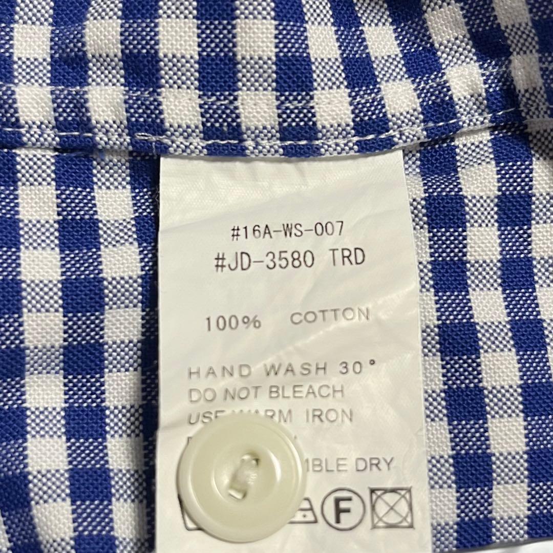 美品 DANTON ギンガムチェック 丸襟 ラウンドカラー シャツ M ブルー