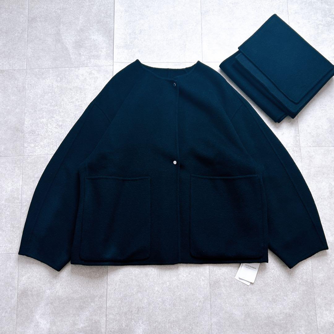 【新品タグ付き】スピックアンドスパン ビーバーストール付きセットコート 黒 追加》ビーバーストール付きセットコート（ノーカラーコート）｜Spick