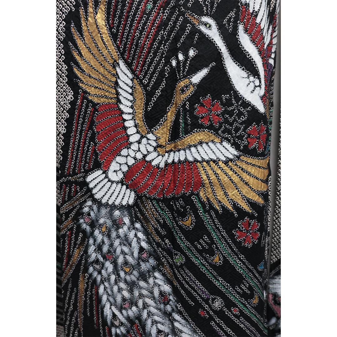 極美品！希少◆ 振袖6点セット ◆丈159cmフルセット総絞り黒ブラック53Bw