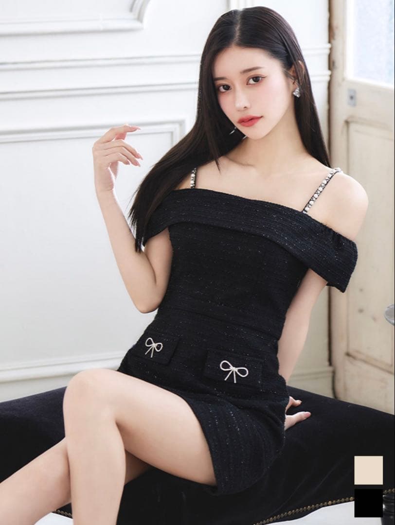 黒 オフショルダー ツイードドレス ミニ丈 Jewels キャバドレス ドレス XSサイズ登場!ミックスツイードドレス/デザイン紐/オフショルダー/谷間