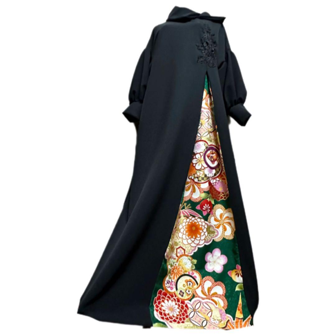 振袖 着物リメイク ドレス 黒×金彩竹や梅や雲取 和柄 ワンピース