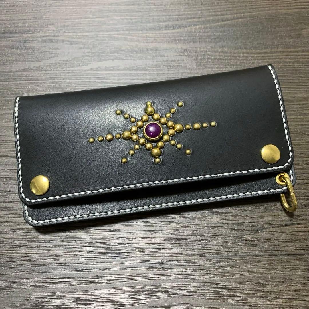 トラッカーウォレット　ロング　ヌメ革　スタッズ　レザークラフト トラッカーウォレット ロング ヌメ革 スタッズ レザークラフト
