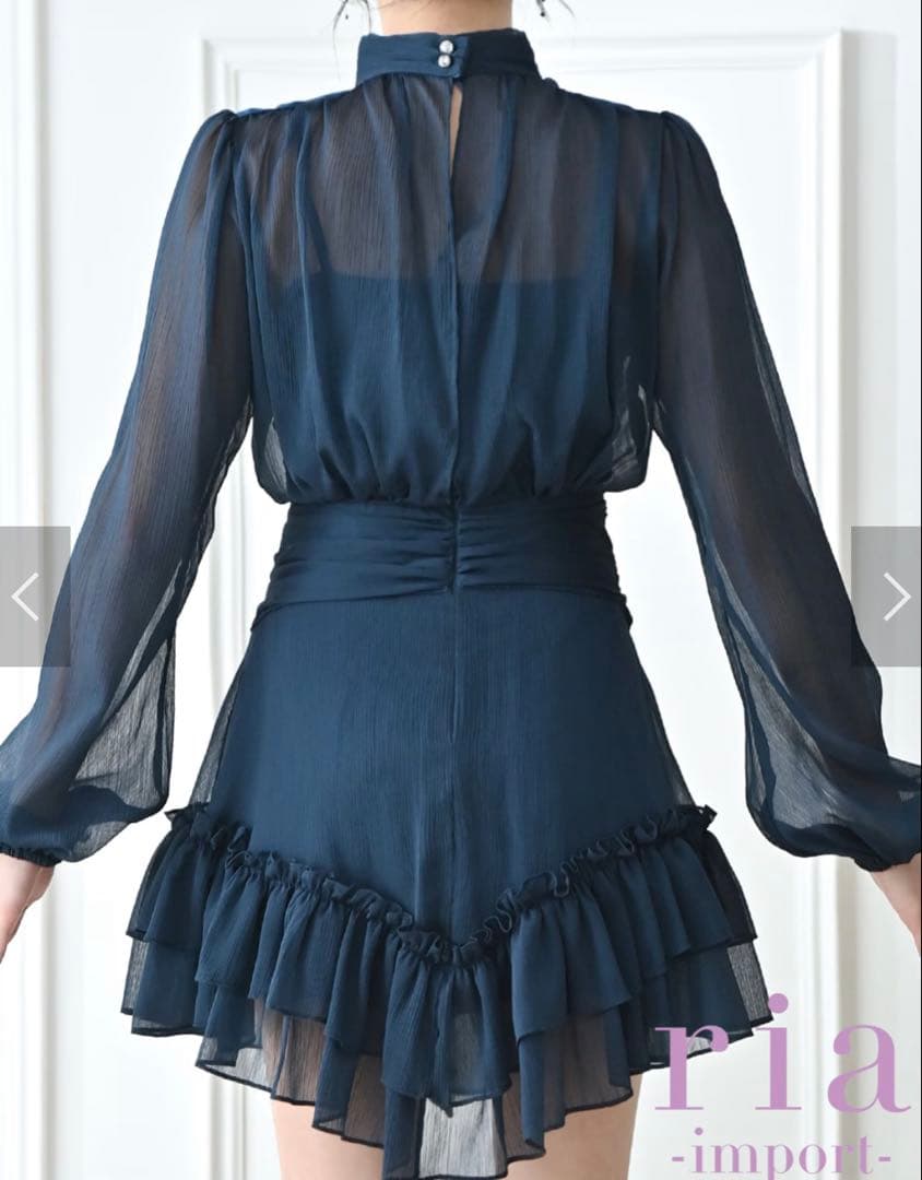 ria】キャバドレスミニ/ワンピース/ネイビー/袖あり/長袖/フレア