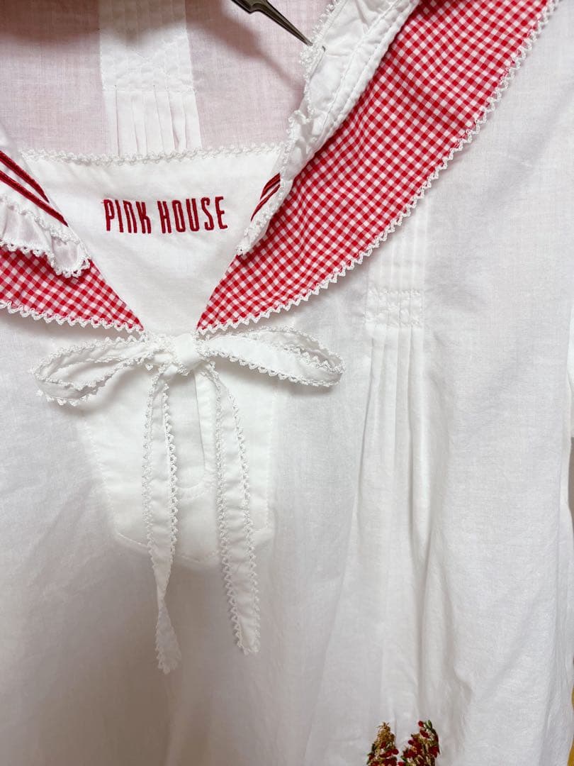 ピンクハウス ギンガムうさぎ いちご 刺繍 セーラー ブラウス 赤 白