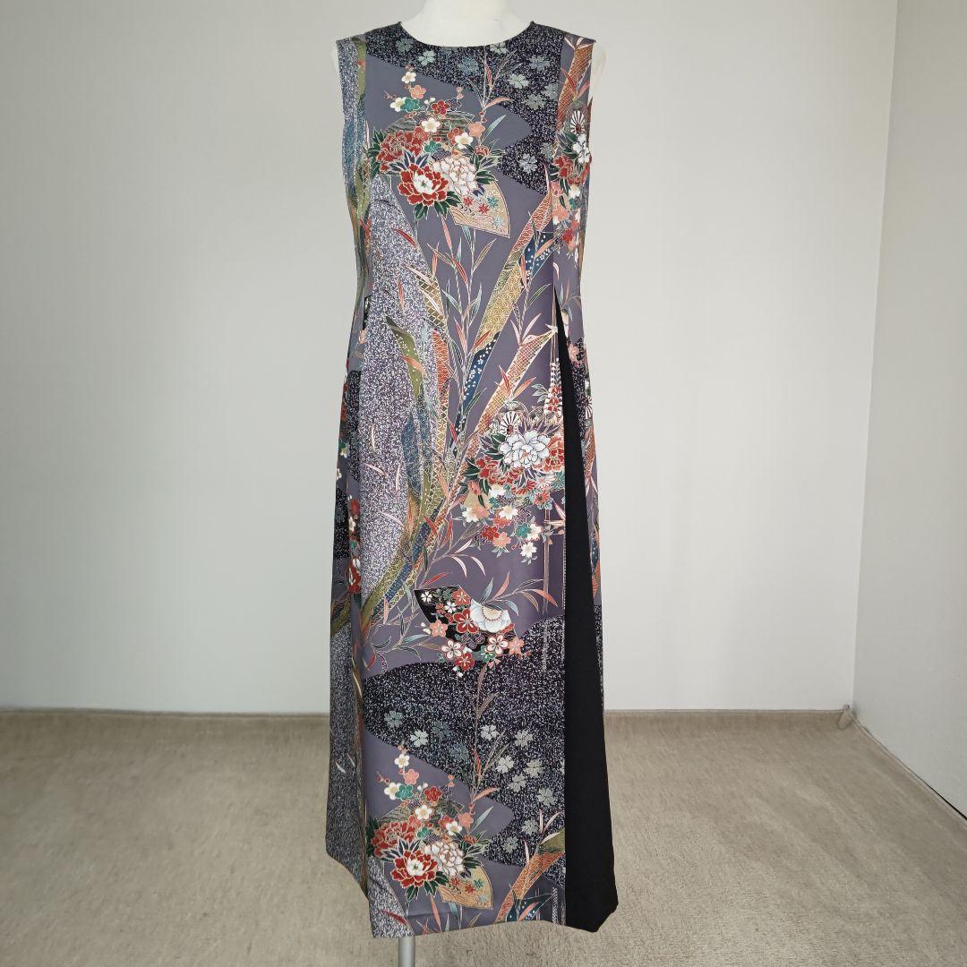 zunezune 振袖ドレス② ノースリーブ 着物リメイクワンピース 柄×黒